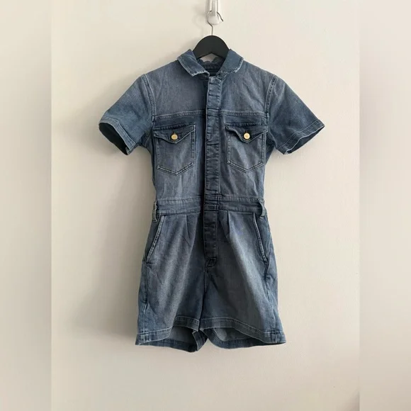 FRAME Denim Jean Romper Short Sleeve Belted Blue Jumpsuit Pleated Front Pockets - Picture 2 of 8